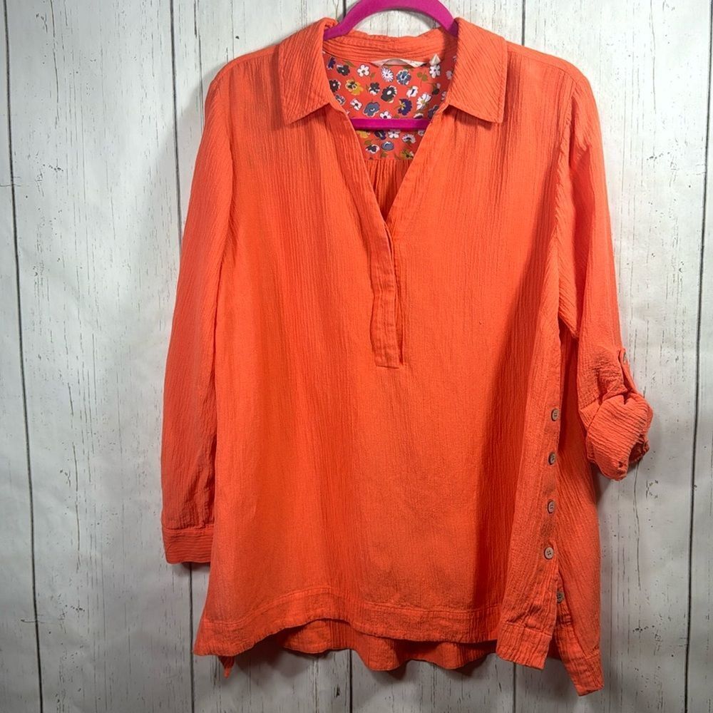 Soft Surroundings Orange Gauze Tunic Top PXL  Size Roll Tab Sleeve Boho Coastal - Picture 2 of 16